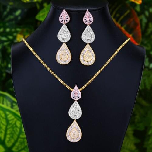 LARRAURI Fashion Waterdrop Long Dangle Earrings Chains Pendant Necklace Jewelry Sets For Women Engagement Wedding Wear