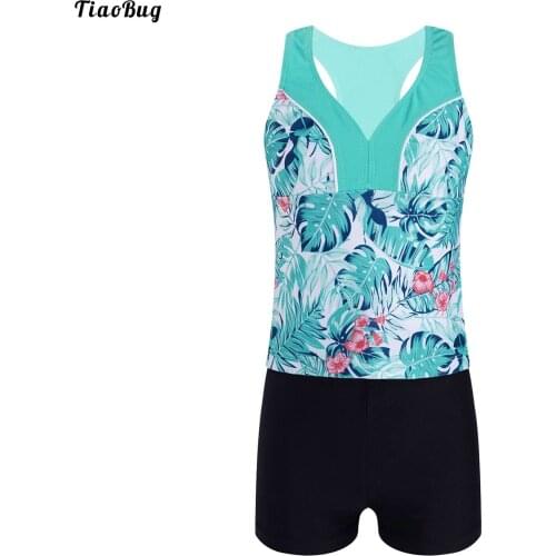 TiaoBug Summer 2Pcs Kids Girls Swimming Suit V Neck Sleeveless Racer Back Floral Print Tops And Shorts Set Beach Swimwear Bikini