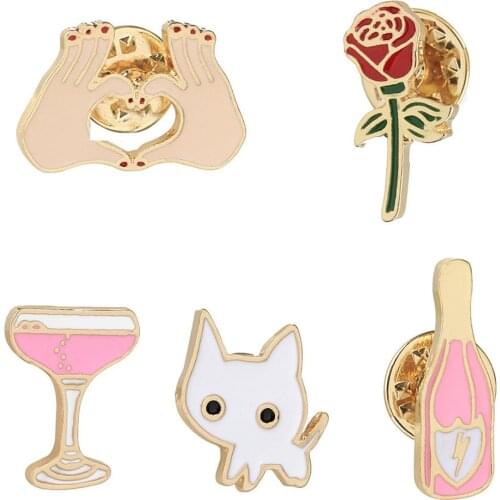 Fashion Cartoon Enamel Cat Wine Rose Brooch Pin Jeans Bag Shirt Collar Badge Decor Gift