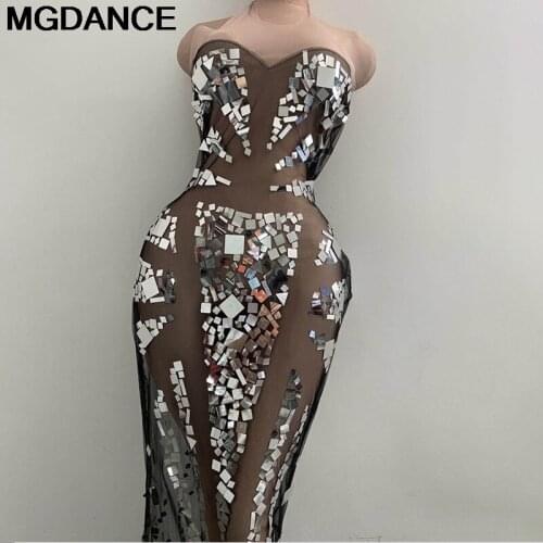 New Arrival Silver Sequin Transparent Net Long Dress Birthday Celebrate Dress Prom Party Women Dancer Bar Dress