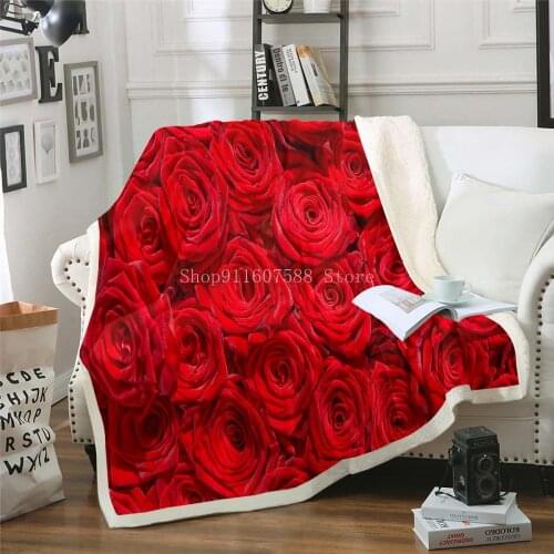 3D Digital Print Plush Blanket Red Flower Roses Sherpa Velvet Bedspread Bag Throw Blankets Decor Adult Sofa Bedroom Custom