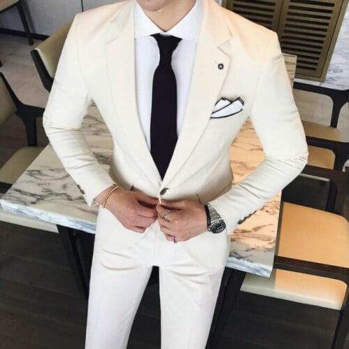 Pop Arrival Designs Beige White Men Suit Groom Wedding Suits Slim Fit 2 Piece Tuxedo Prom Suits Custom Blazer Terno Masculino