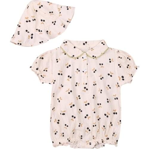 Baby Girl’s Casual Short-sleeved Romper Fashion Cherry Printing Ruffles Jumpsuits and a Cap
