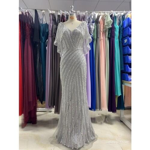 Silver Velvet Evening Dress 2021 new color Sewing Beading luckgirls Ruched Customizable fashion prom dress Mocini Tailor