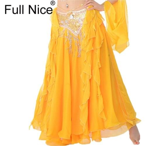 11 Colors Oriental Belly Dance Long Side Split Elastic Waist Silver Sequin Trimming Chiffon Skirts for Belly Dancing