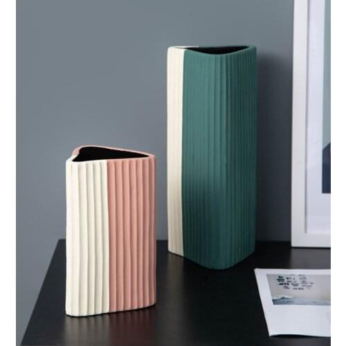 Nordic Modern Triangle Vertical Pattern Vase Home Living Room TV Cabinet Decoration Flower Arrangement Ornament Ceramic Vases