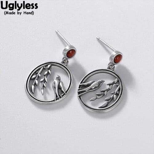 Uglyless Handmade Branch Leaves Magpie Birds Earrings for Women Thai Silver Ethnic Vintage Earrings 925 Silver Lapis Agate Jewel