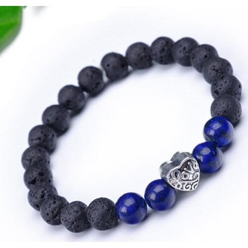 FYJS Unique 10 Pcs Silver Plated Love Heart Connect Lapis Lazuli and Black Lava Stone Beads Bracelet Fashion Jewelry