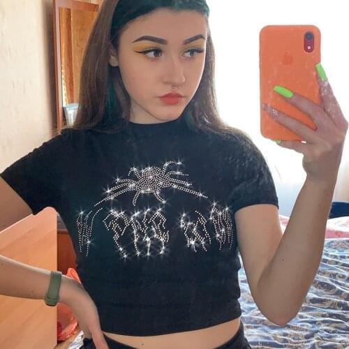 Women Summer Short Sleeve Black Top Shiny Drill Spider Rhinestones T-Shirt Navel Slim Baby Tee Y2k Aesthetic 90s Punk Streetwear
