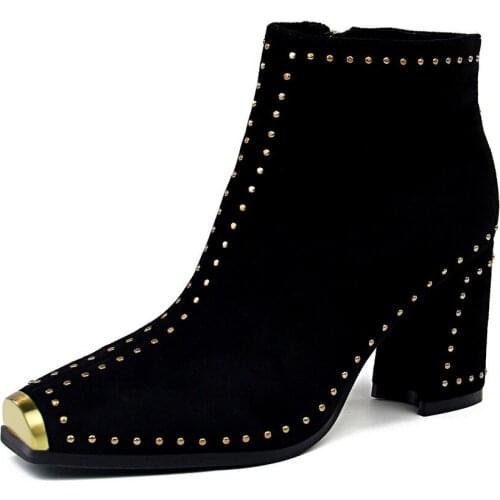 Retro Sexy Rock Trend Thick High Heels Metal Square Head Metal Rivet Female Boots Suede 2021 Winter Ankle Boots