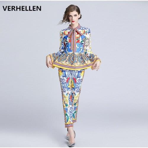 High Quality Fashion Designer Runway Suit Sets 2020 Autumn Womens Long Sleeve Bow Collar Tops + Long Pants 2 Piece Set Women