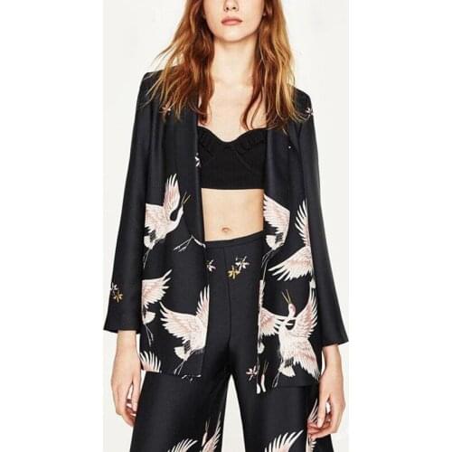 New Ms Blazers fashion Kimono Floral Cranes Black Sashes Suit Slim Leisure Jacket OL Women Cardigan Tops Outerwear