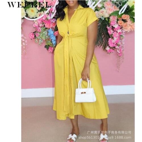 WEPBEL Women Elegant Summer Bandage Long Dress Ladies Summer Casual Fashion Turn Down Collar Lace Up Pleated Shirt Dress
