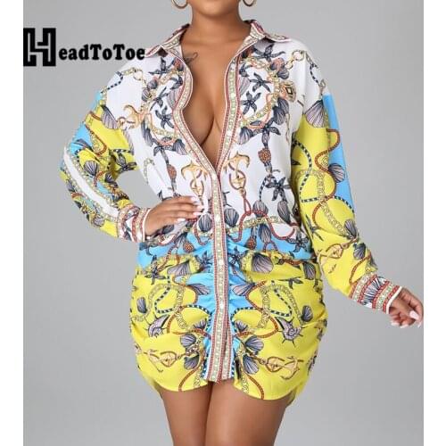 Chain Print Colorblock Long Sleeve Casual Shirt Dress Women Turn Down Collar Work Dress