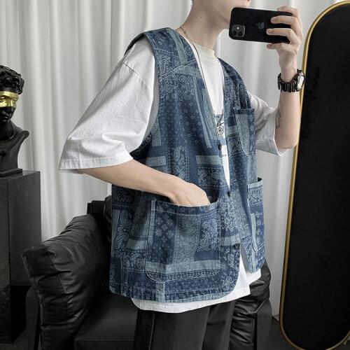 Vest Multi-pocket Workwear Tops Trendy Mens Japanese Coat Cashew Flower Loose Casual Retro Trend Streetwear Sleeveless Jacket