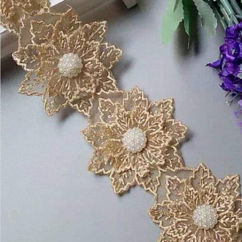 2 yards Glod Pearl Flower Leaf Handmade Beaded Embroidered Lace Trim Ribbon Applique Wedding Dress Sewing Craft 6 X 6 cm