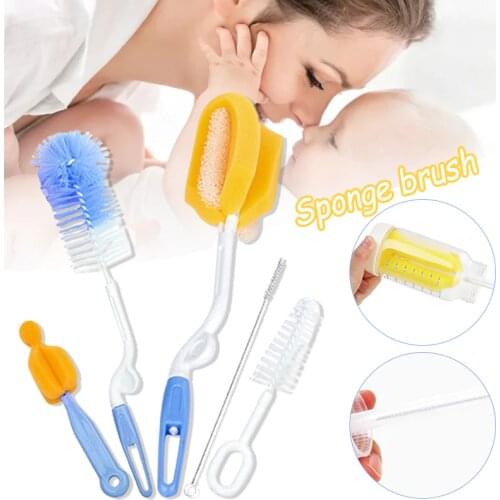 5Pcs Baby Milk Feeding Bottle Brush Handly Portable Nylon and Sponge Tube Cleaner Random Color Rotating Cleaning Kit
