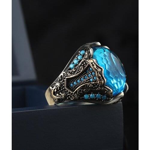 Aquamarine Traditional Handmade Turkish 925 Sterling Silver Signet Rings Jewelry Gift From Turkey for Women Men