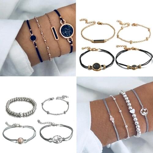 Docona 4pcs Boho Pearls Love Heart Bracelet Set Multilayer Geometric Map Strand Beads Bracelets for Women Girls Cuff Jewelry