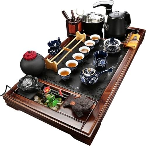 Home Living Room Integrated Purple Sand Tea Set Office Handmade Solid Wood Black Gold Stone Tea Tray Tea Art Automatic Tea Table