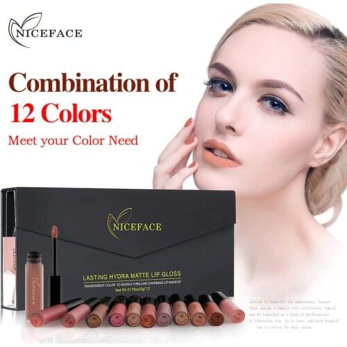 NICEFACE 12pcs/lot Lipstick Matte Long-Lasting Lipstick Liquid Lip Stick Make Up Pigments Sexy Red Purple Velvet Matte Lip Gloss