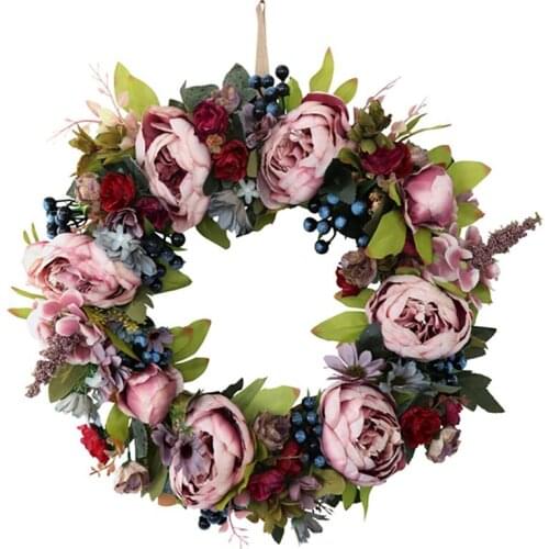 Artificial Rose Peony Flower Wreath Berry with Green Leaves Spring Wreath for Front Door Wedding Party Wall Home Decor