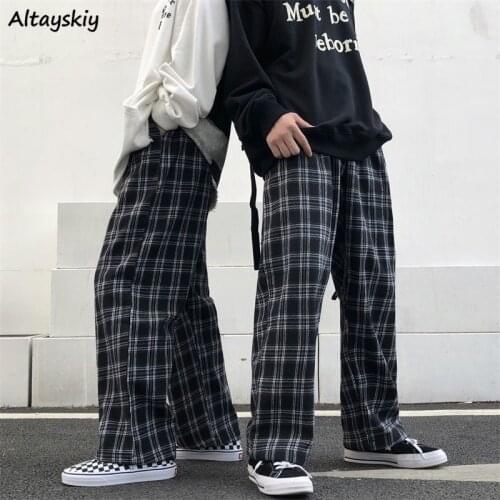 Plaid Pants Women Couple Friends Baggy Loose High Waist Elastic Soft Straight All-match Trendy Checkered Spring Autumn Casual