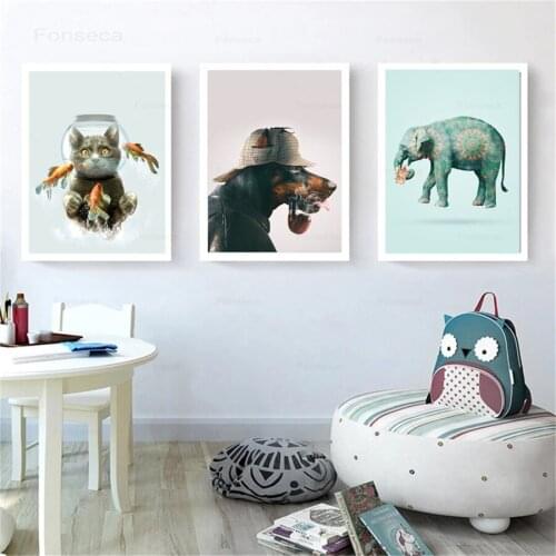 Creative Caroon Animals Poster Cute Cat Dog Canvas Paintings Childerns Room Nursery Decoration Nordic Wall Art Pictures