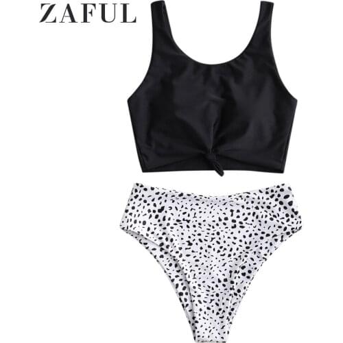 ZAFUL Knot Animal Print Tankini Swimsuit Dalmatian Print High Waisted Bikinis Set Leopard Dot Swimwears Sexy Women Bathing Suit
