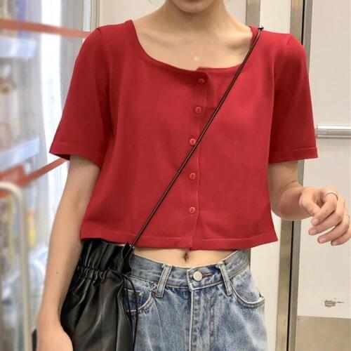 Summer Knitted Crop Tops Fashion Loose Square Collar Short Sleeves T-shirts Women Solid Color Thin Cardigan