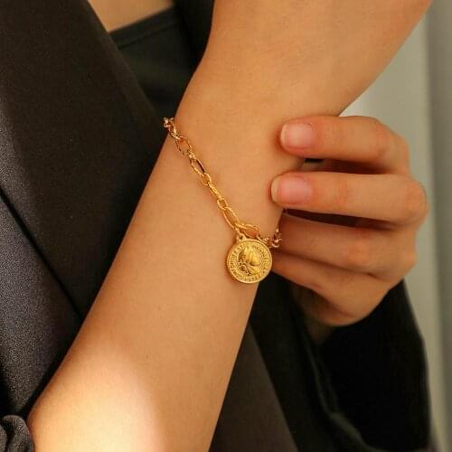 Gold Color Coin Pendant Stainless Steel Chain Link Bracelets for Women Vintage Bracelet Fashion Jewelry