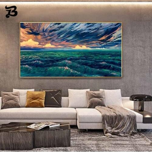 Canvas Painting Wall Art Landscape Oil Painting Night Waves Lightning Abstract Posters for Living Room Home Decoration Mural