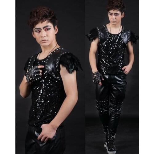 Original rivet feather men vest clothing camiseta tirantes hombre personalized singer dance stage street star style dress black