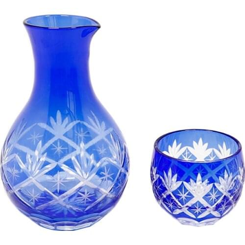 Luxury Japanese Sake Glass Bottle Artificially Carved Wine Bottle And Glass Set Blue Decanter
