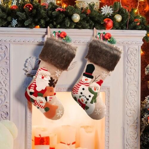 Christmas Decor Plush Embroidery Santa Claus Snowman Christmas Socks Candy Bag Kids Gift Bag Party Home Fireplace Decor Stocking