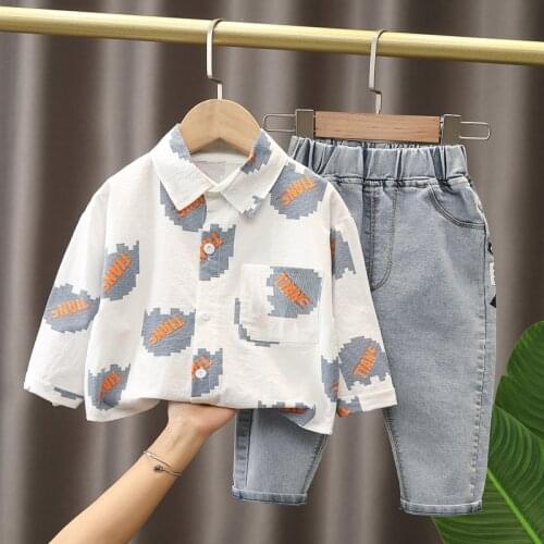 2PCS Children Sets Boys Turn-down Neck Dress Shirt and Denim Shorts Autumn Spring Casual Cartoon Cotton Kids Boy Clothes 1-4Y