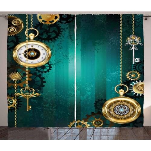 Steampunk Curtains Old Retro Pocket Clocks on Stripes Satin Fabric Drapes for Living Room Bedroom 2 Panel Window Set