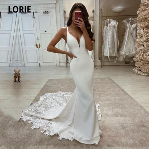 LORIE Mermaid Wedding Dresses Boho V-Neck Appliques Lace Elegant Elastic Wedding Gown Simple Train Custom Made Bridal Dress 2021