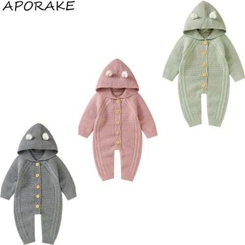 2021 0-18M Infant Baby Boy Girl Knitted Romper Cute Solid Color Button Fly 3D Ears Long Sleeve Jumpsuit Spring Winter Outfit