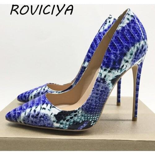 Women Shoes Blue Snake Printed Toe Sexy Stilettos High Heels 12cm/10cm/8cm Pointed Toe Women Pumps YG014 ROVICIYA