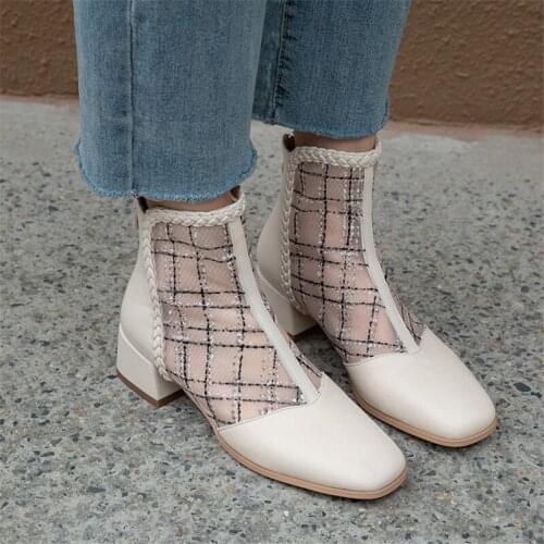 Women ankle boots stitching Net yarn womens boots fashion boots spring versatile solid color women ankle boots black beige