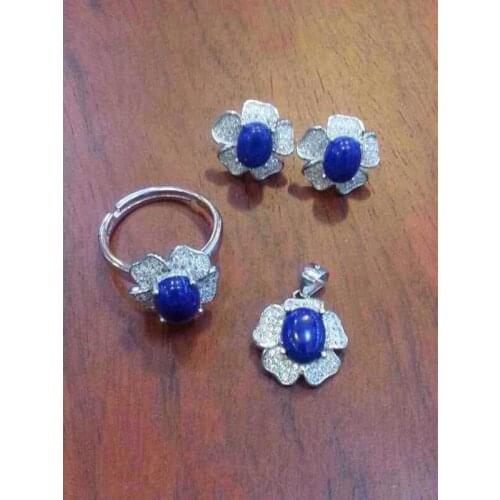 Natural blue lapis lazuli Ring Pendant Earrings Natural Gemstone Jewelry Set 925 Silver Romantic elegant roses Women jewelry
