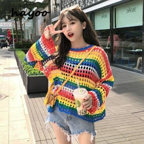 Hayoo Rainbow stripe sweater womens sweet easy matching shirt summer new retro fishnet shirt hollow out top