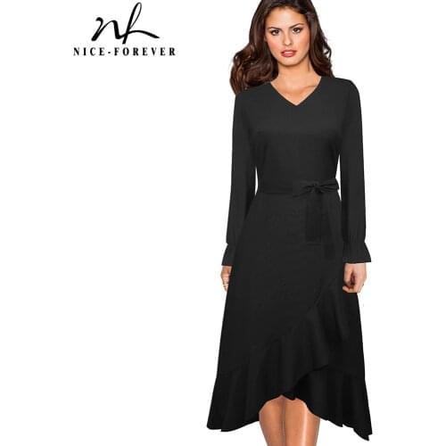 Nice-forever Spring Women Solid Color Peplum Casual Dresses Retro Flared Female Dress A184