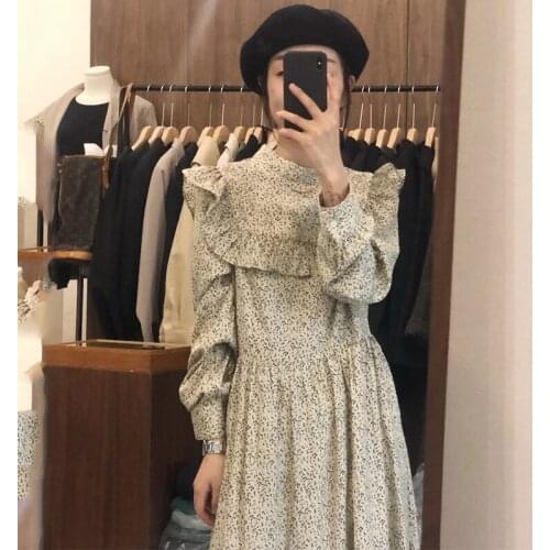 Wavsiyier Spring 2020 Dress Women Party Winter Ruffle Print Floral Long Sleeve Dresses Loose A-line Vintage Korean Style Woman E