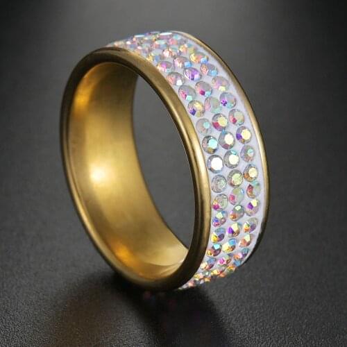 Hot Sale Vintage Retro Style Steel Ring for Women 3 Row Rainbow Crystal Jewelry Fashion Stainless Steel Engagement Wedding Rings