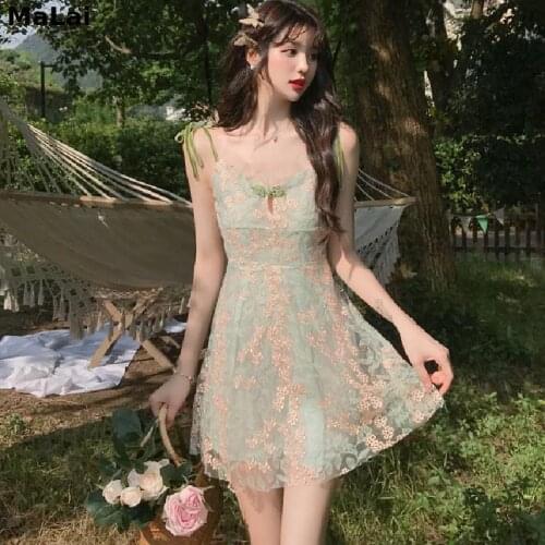 2021 New Kawaii Summer Women Dress Suspenders Green Floral Embroidery Sweet Dress Chic Party Dress Fairycore Lolita Midi Dresses