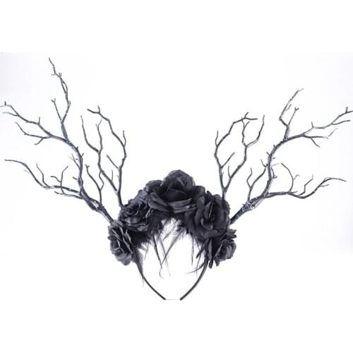 Vintage Women Christmas Fairy Tale Flower Feathers Headband Retro Tree Branch Deer Ears Antlers Hair Hand Crown Festival Party P