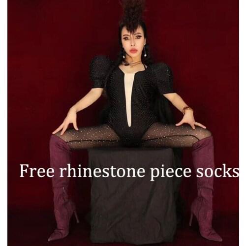 Free rhinestone piece socks Women Singer Jumpsuit Black Rhinestones Bodysuit Nightclub Pole Dance Sexy Stage Costume