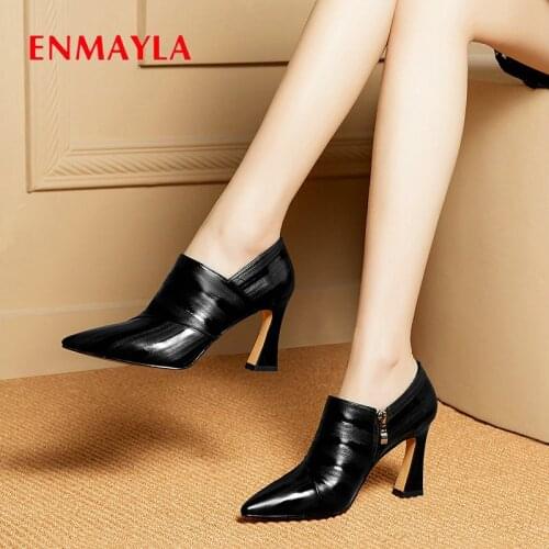 ENMAYLA 2020 Womens Shoes Genuine Leather Zip High Heel Shoes Basic Square Heel Office & Career Mature Women Pumps Size 34-39